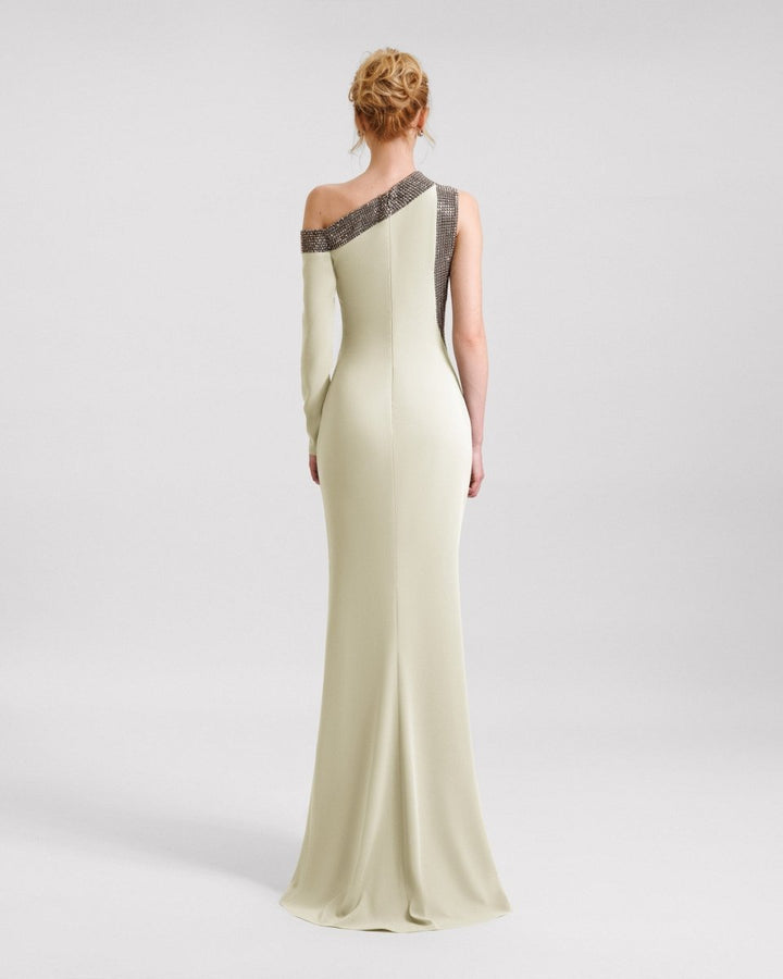Embellished Asymmetrical Neckline Dress - Gemy Maalouf