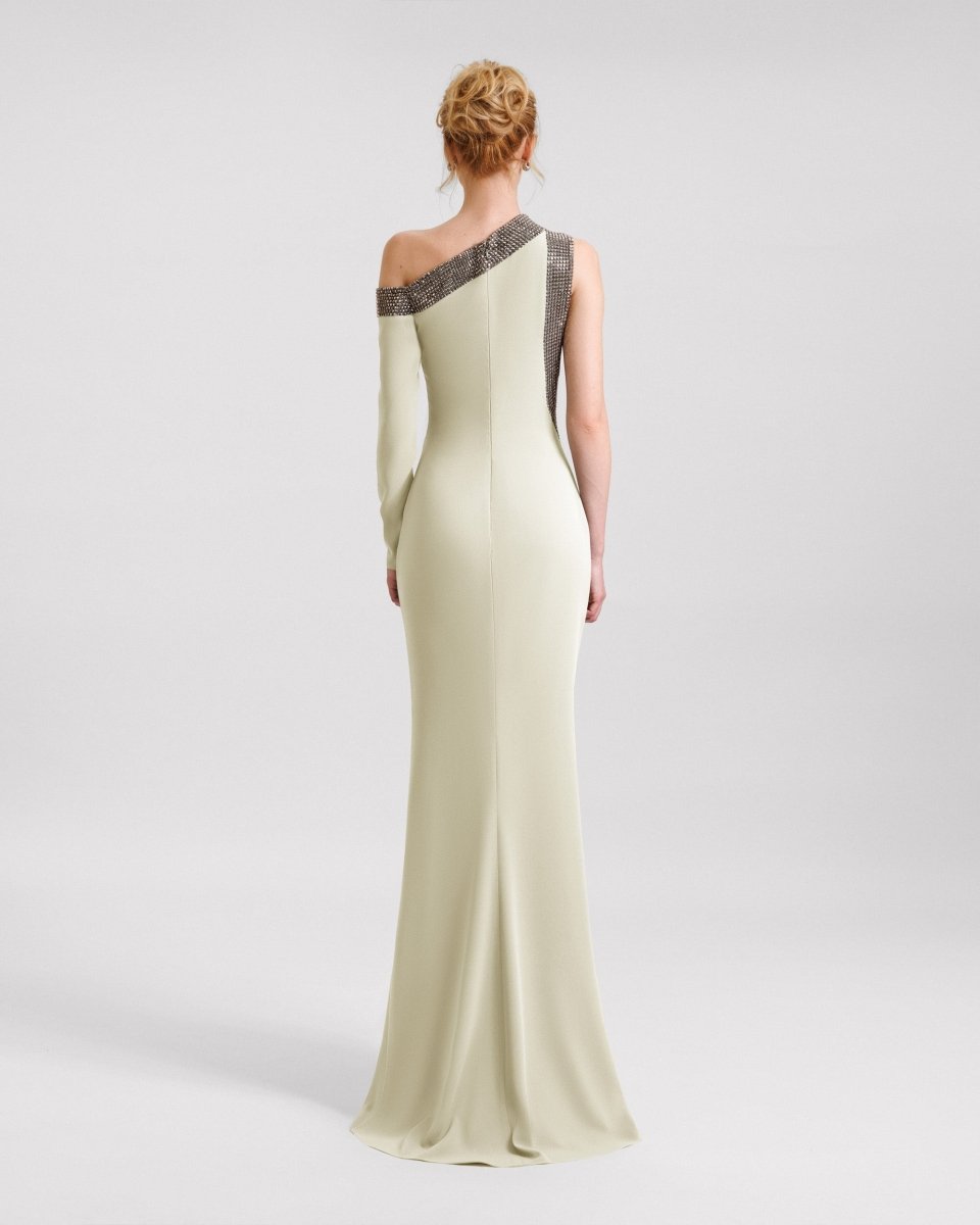 Embellished Asymmetrical Neckline Dress - Gemy Maalouf