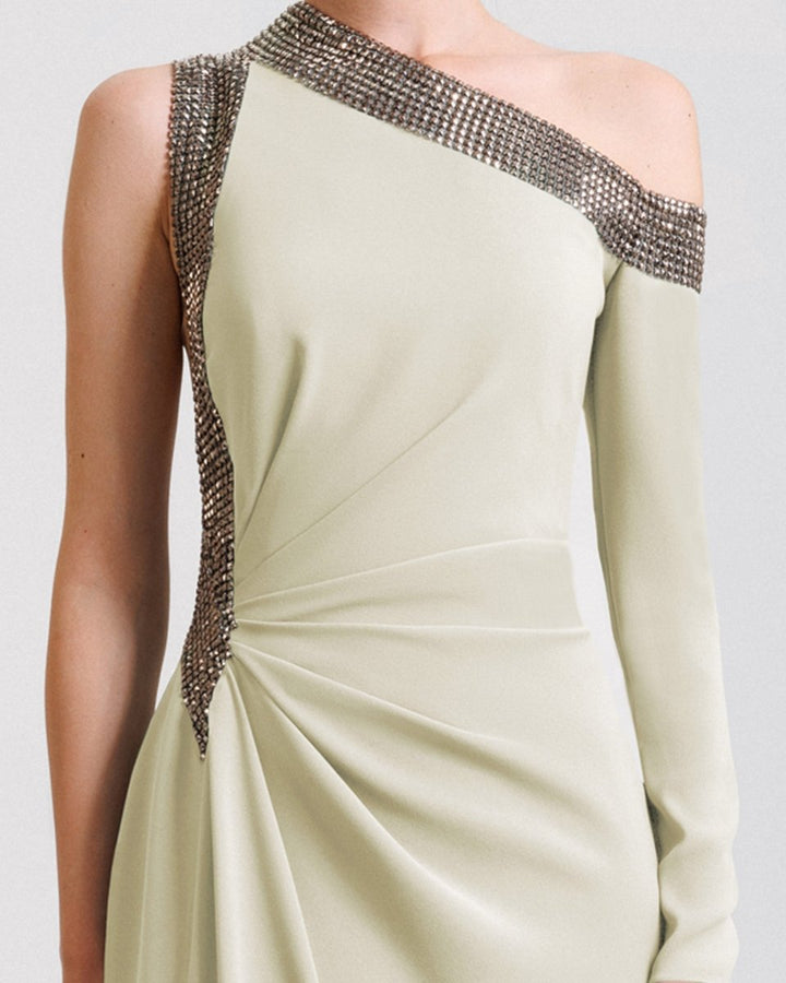 Embellished Asymmetrical Neckline Dress - Gemy Maalouf