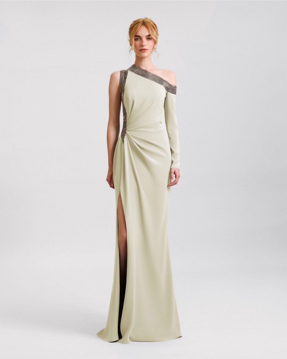 Embellished Asymmetrical Neckline Dress - Gemy Maalouf