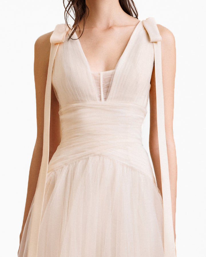 Bow-Shoulder Tulle Dress
