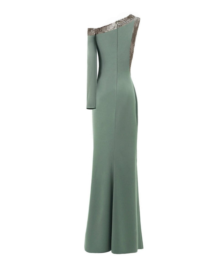 Embellished Asymmetrical Neckline Dress - Gemy Maalouf