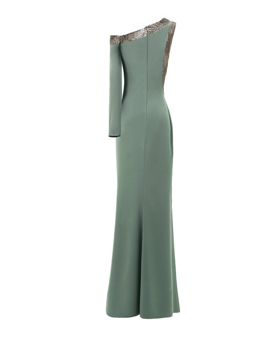 Embellished Asymmetrical Neckline Dress - Gemy Maalouf