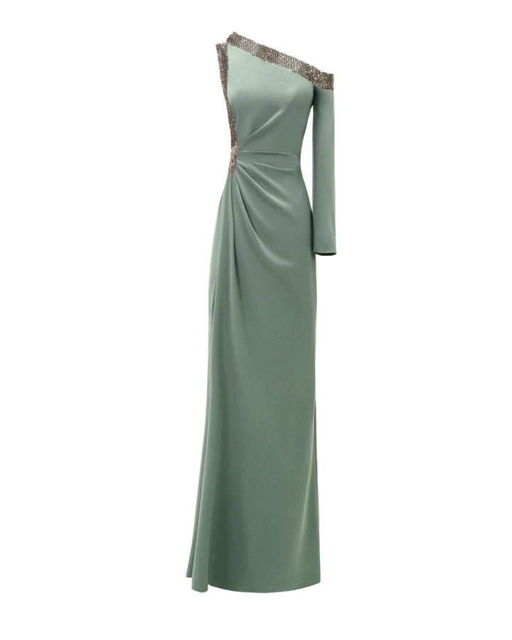 Embellished Asymmetrical Neckline Dress - Gemy Maalouf