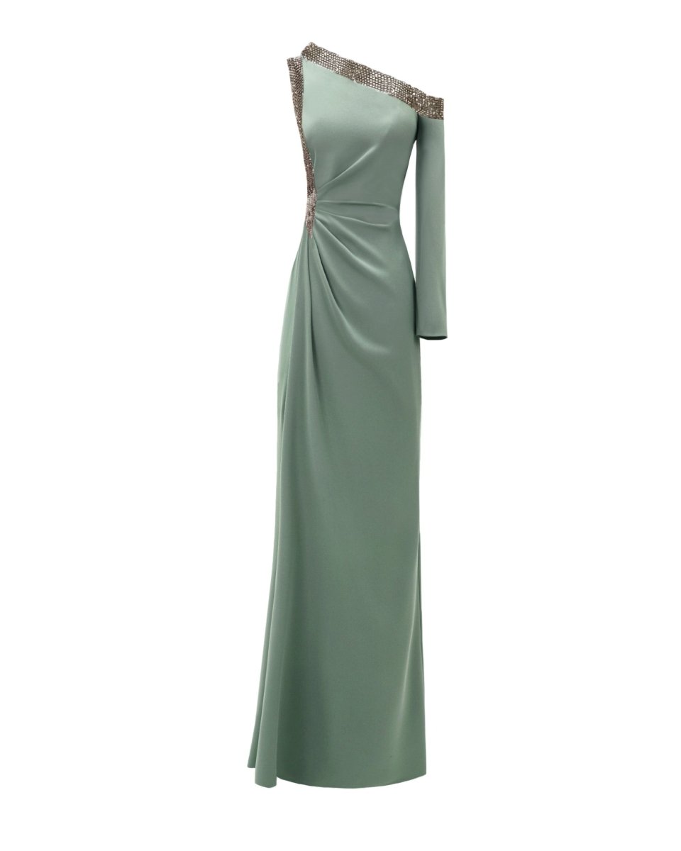 Embellished Asymmetrical Neckline Dress - Gemy Maalouf
