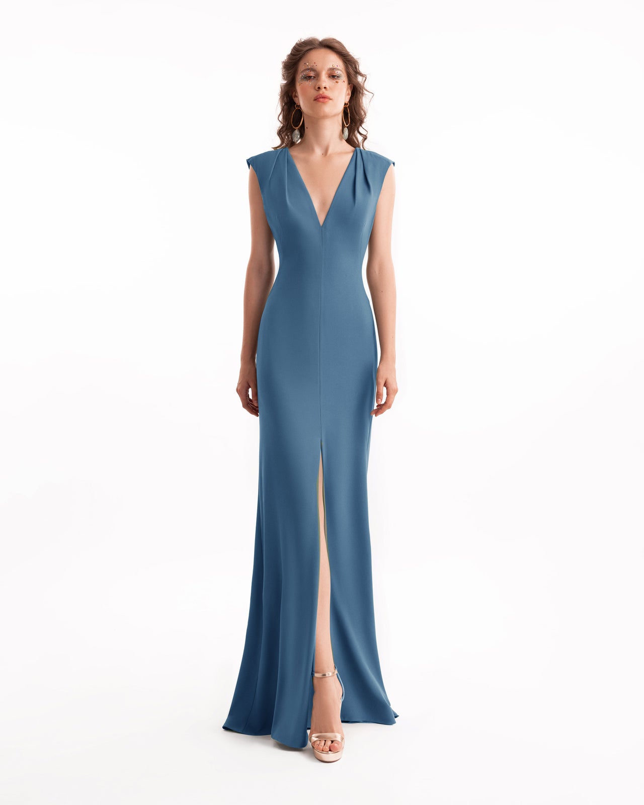Slim V-Neck Dress with Pleated Shoulders