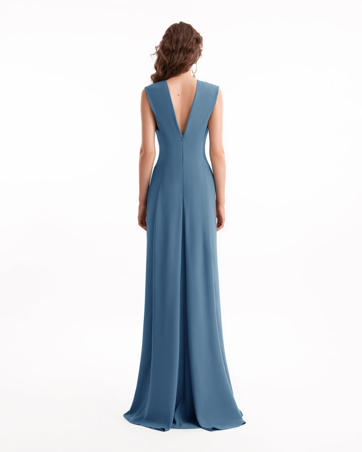 Slim V-Neck Dress with Pleated Shoulders