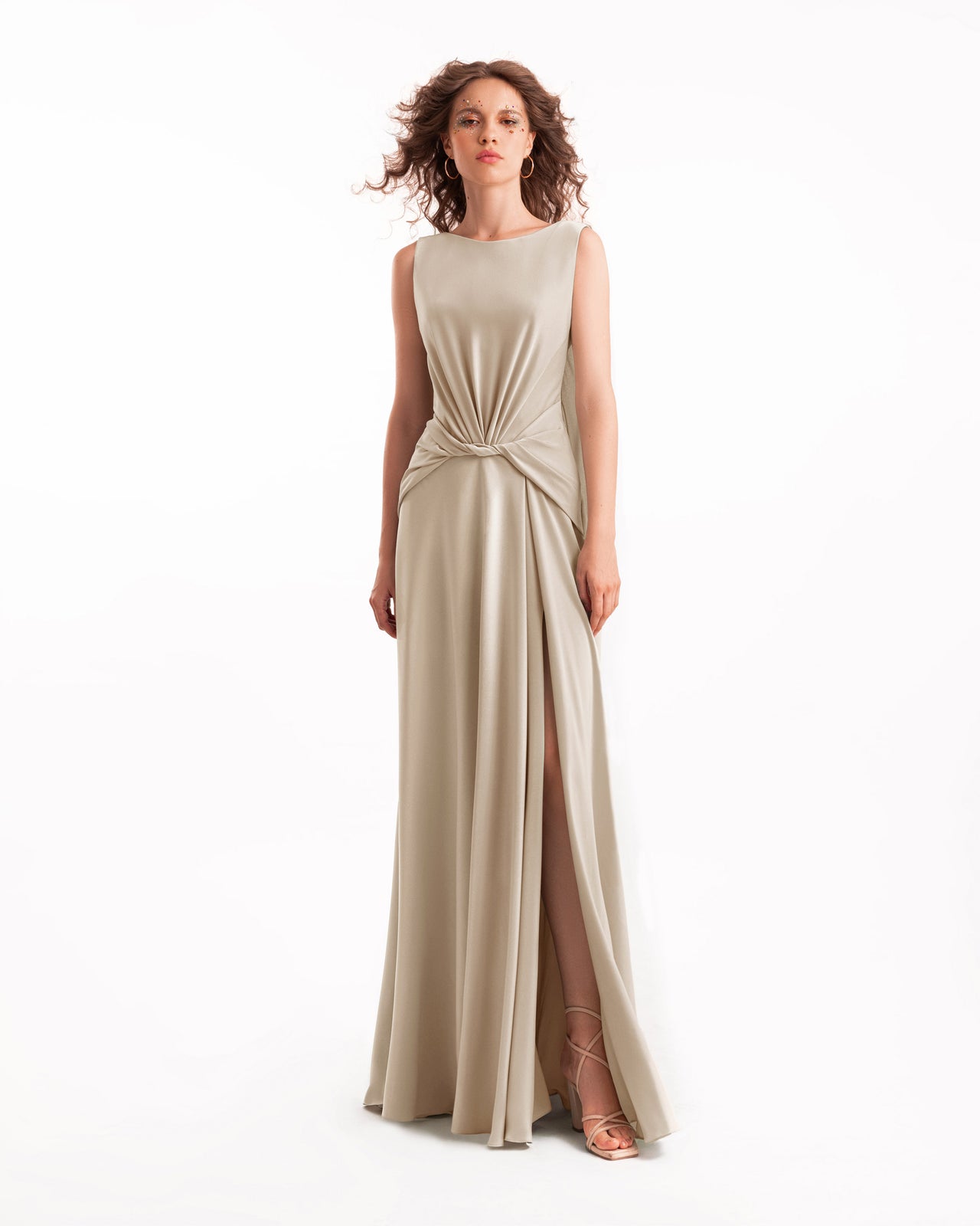 Draped Satin Dress with Knot Waist