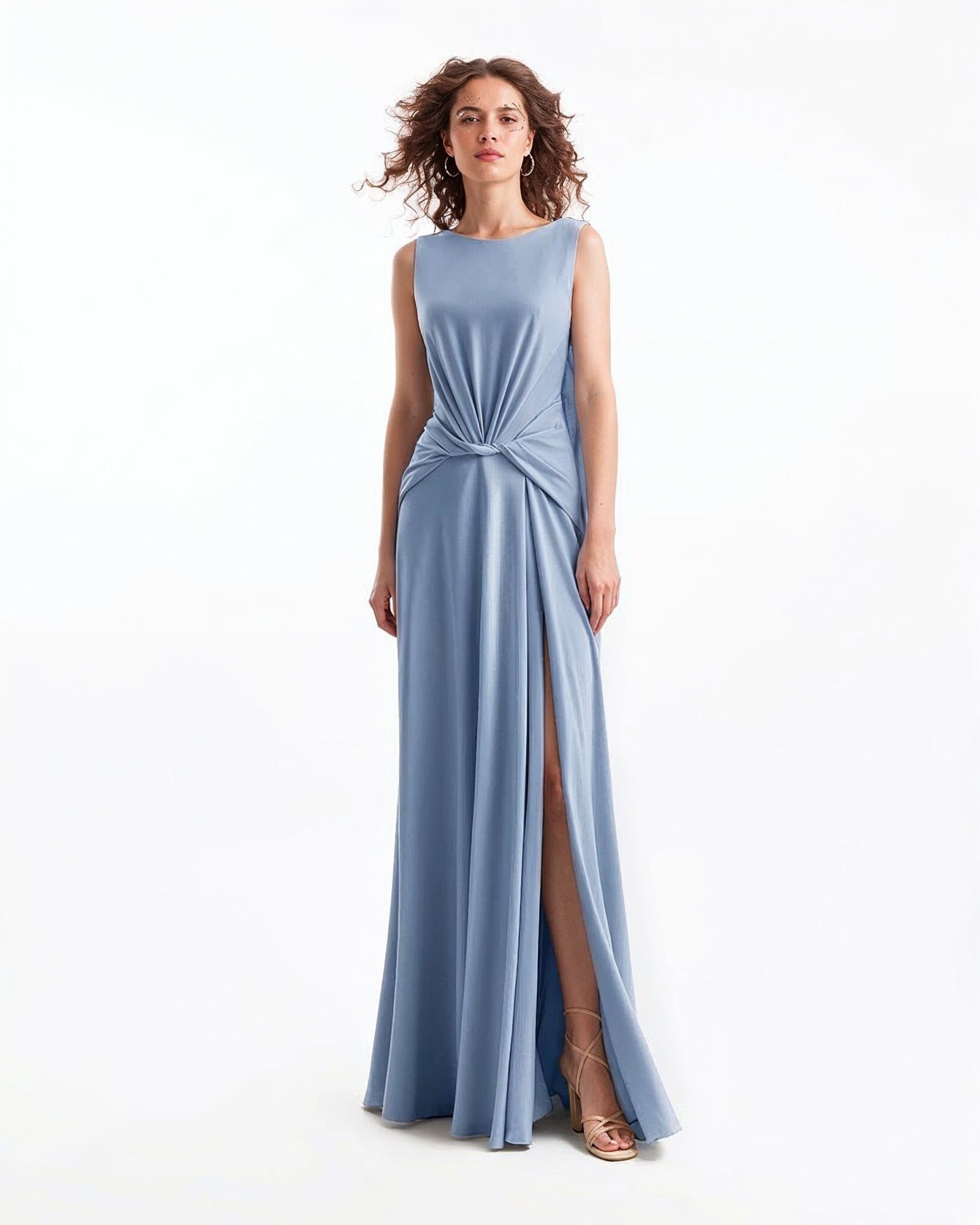 Draped Satin Dress with Knot Waist