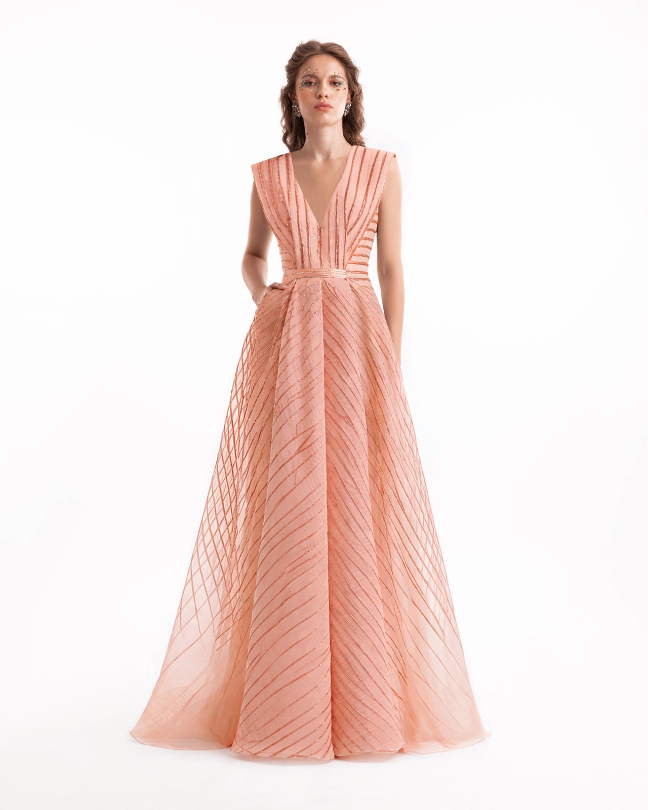 V-Neck Devoré Striped Organza Dress