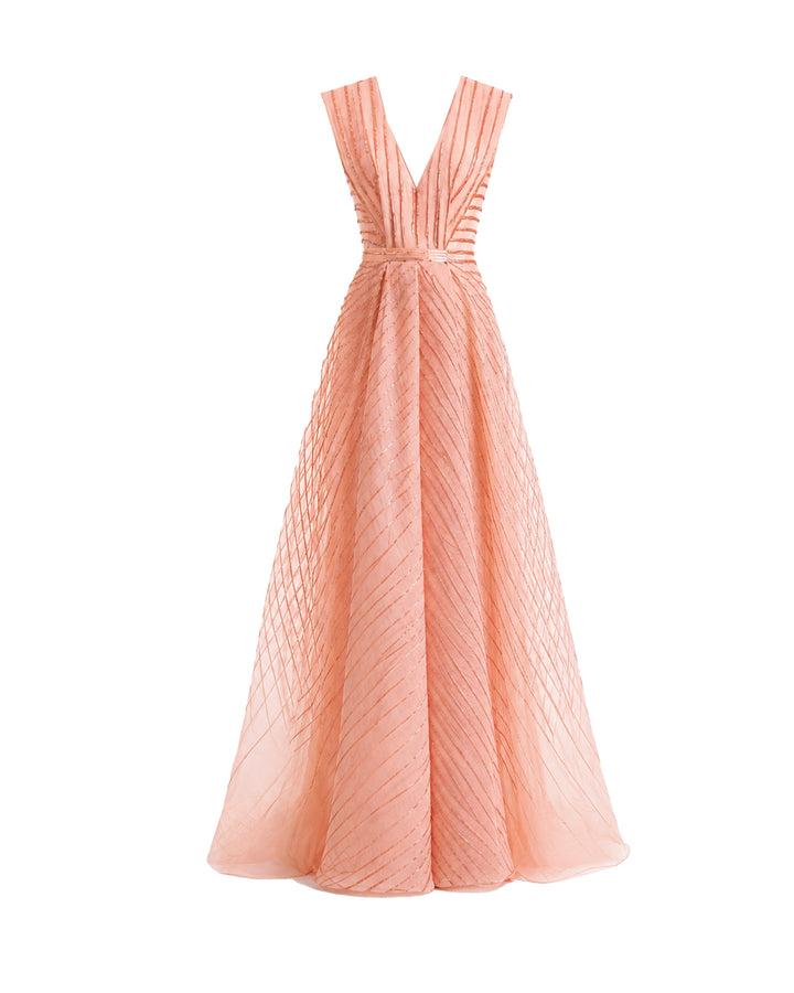 V-Neck Devoré Striped Organza Dress