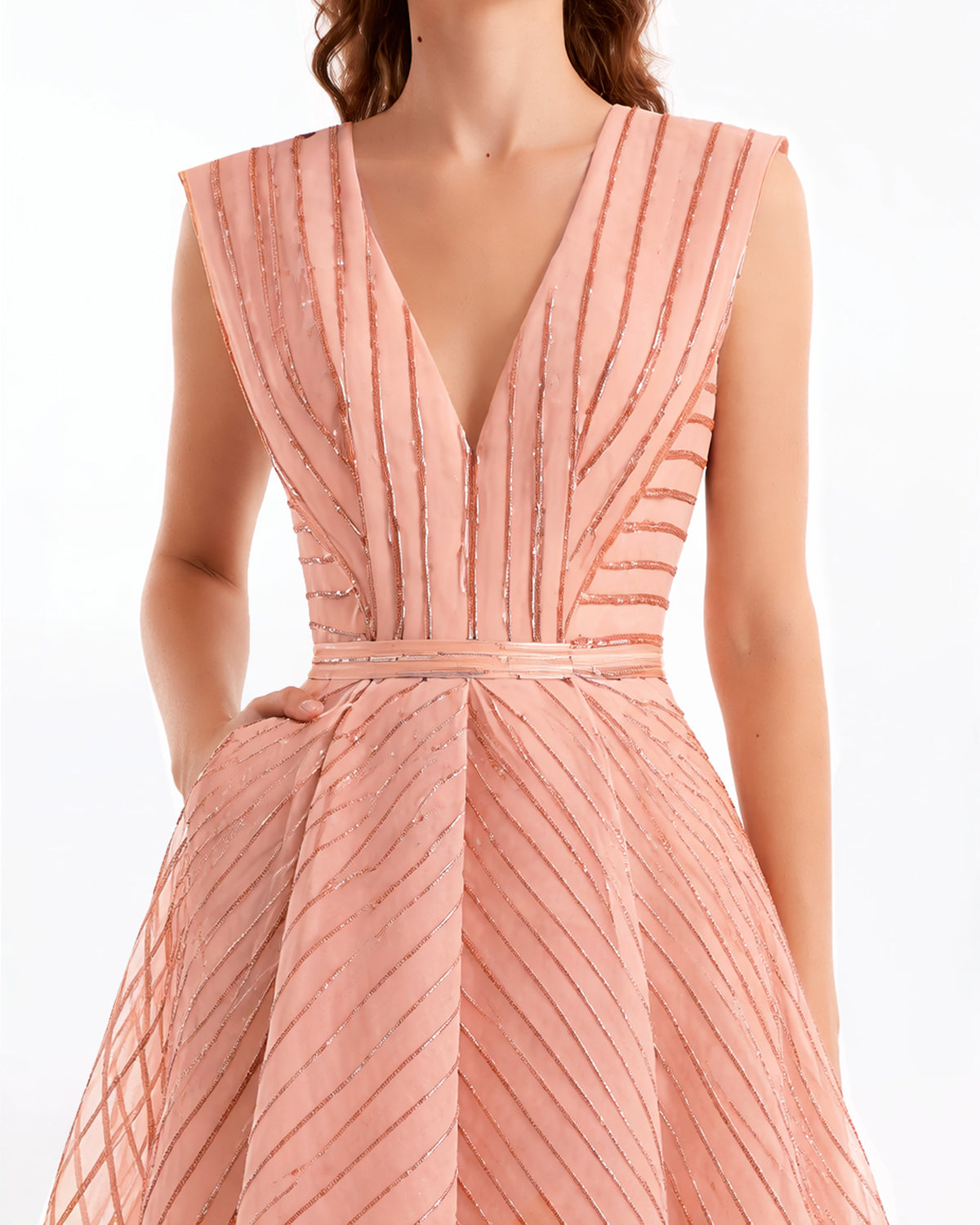 V-Neck Devoré Striped Organza Dress