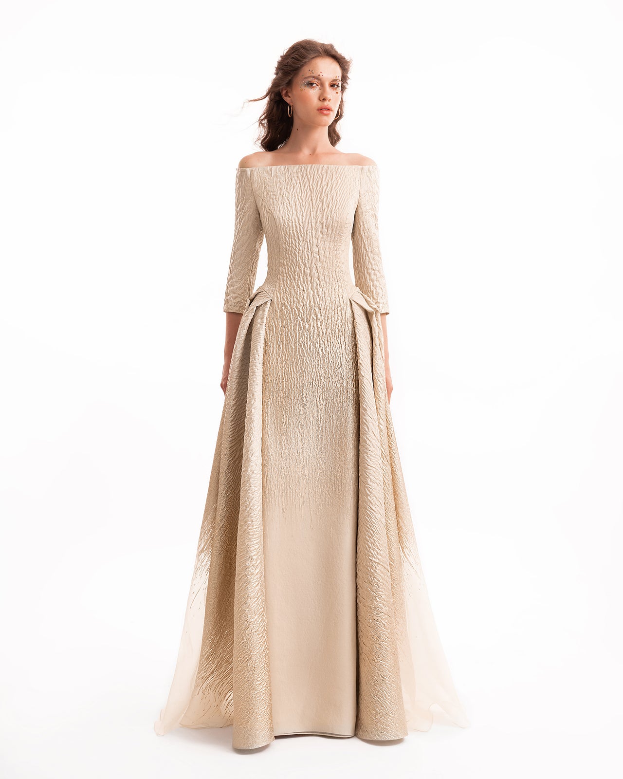 فستان جاكار كتف مكشوف بتدرج لوني