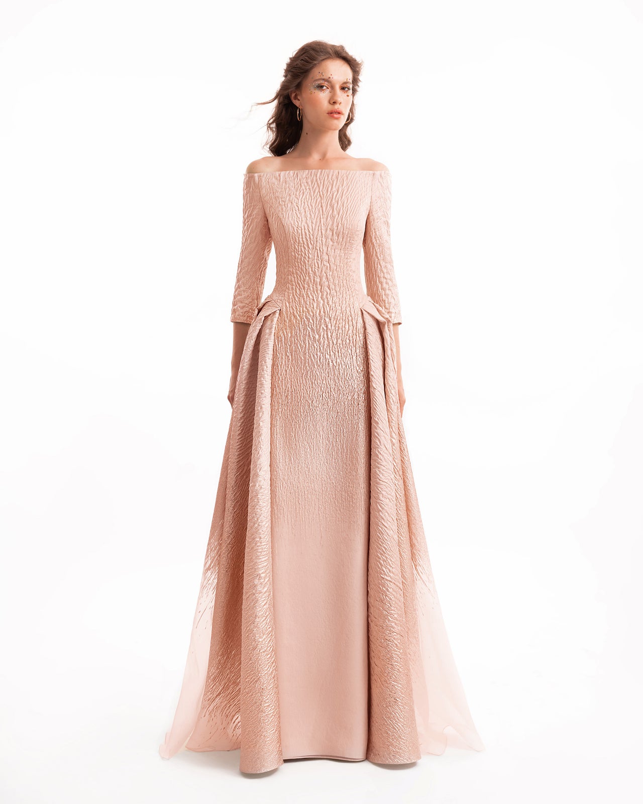 فستان جاكار كتف مكشوف بتدرج لوني