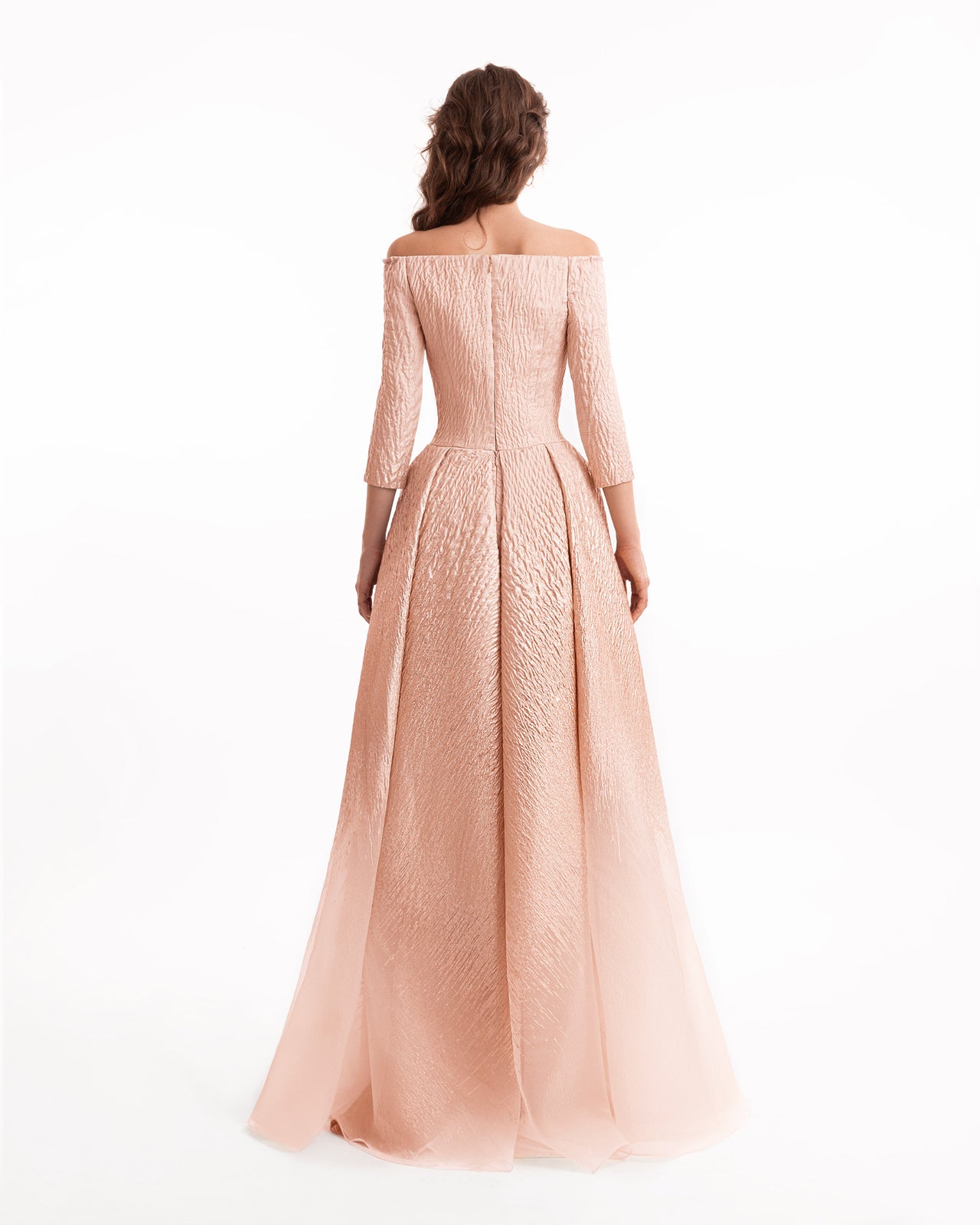 فستان جاكار كتف مكشوف بتدرج لوني