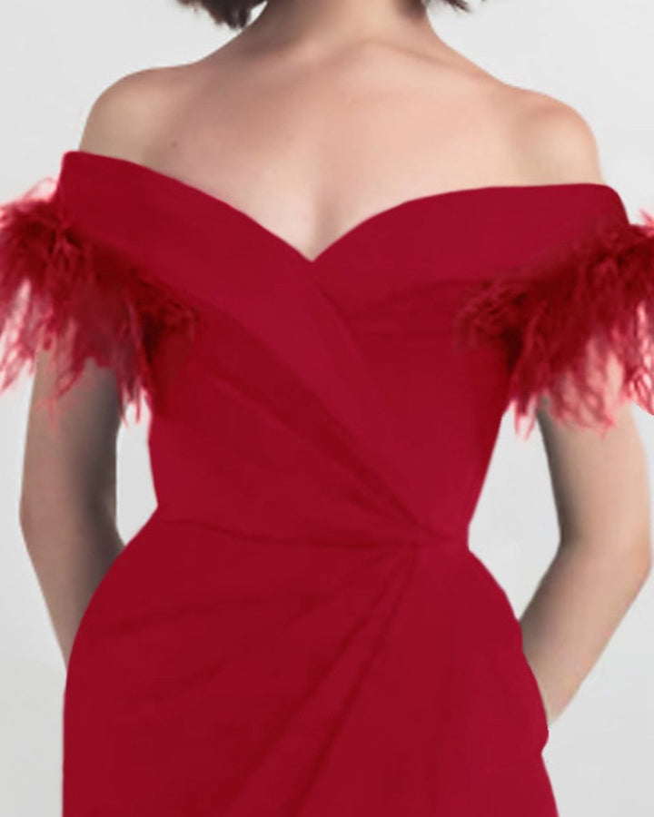 Slim Cut Red Dress With Feathers - Gemy Maalouf