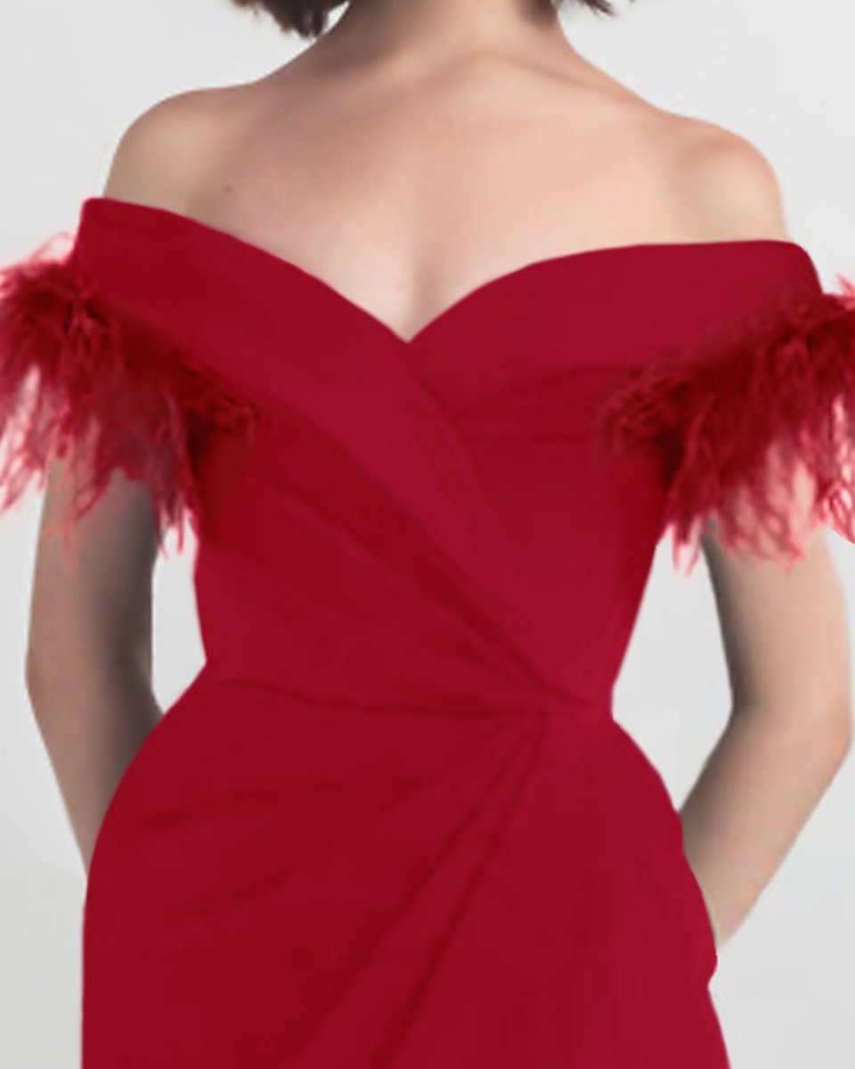 Slim Cut Red Dress With Feathers - Gemy Maalouf