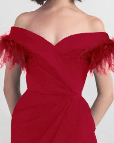 Slim Cut Red Dress With Feathers