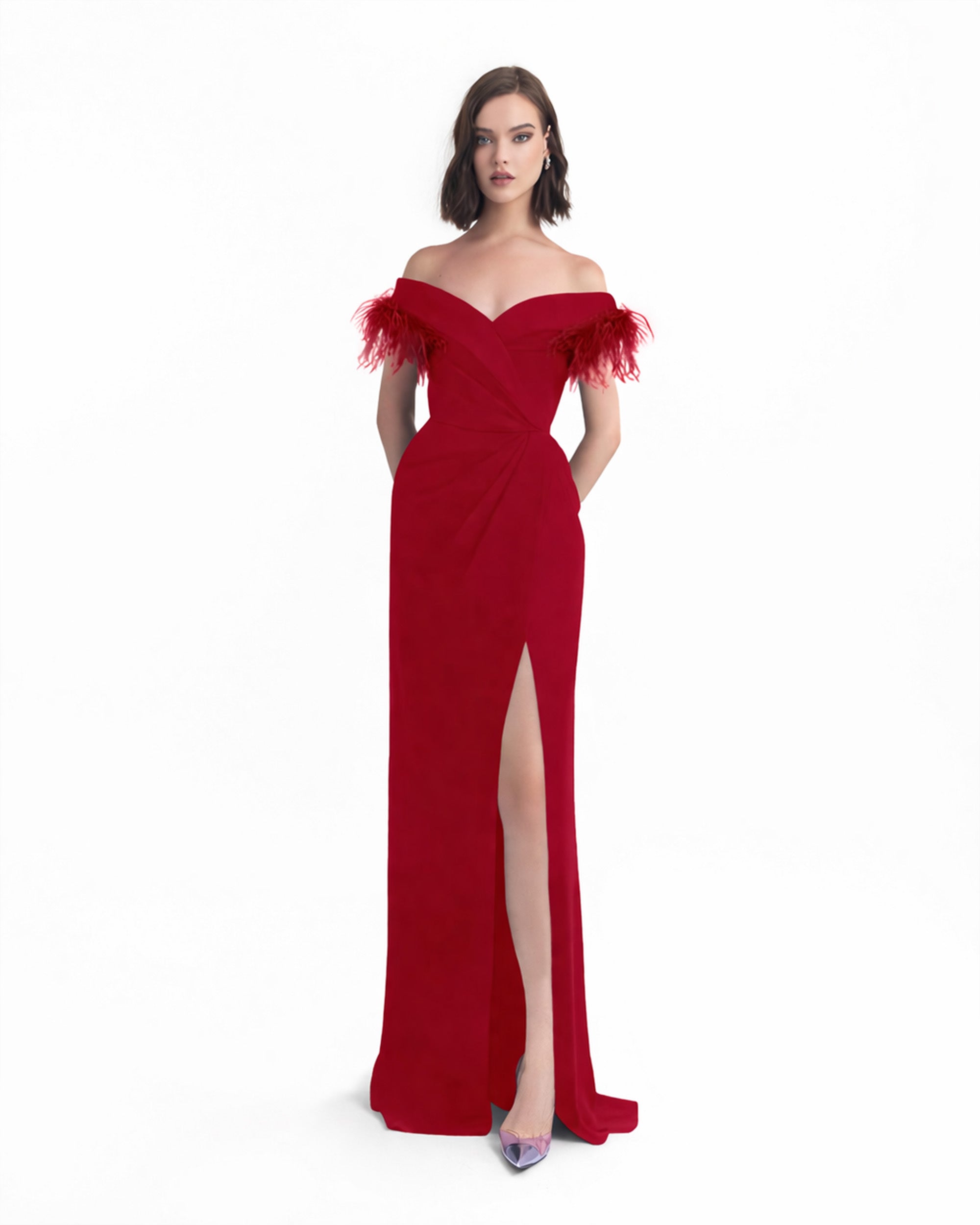 Slim Cut Red Dress With Feathers