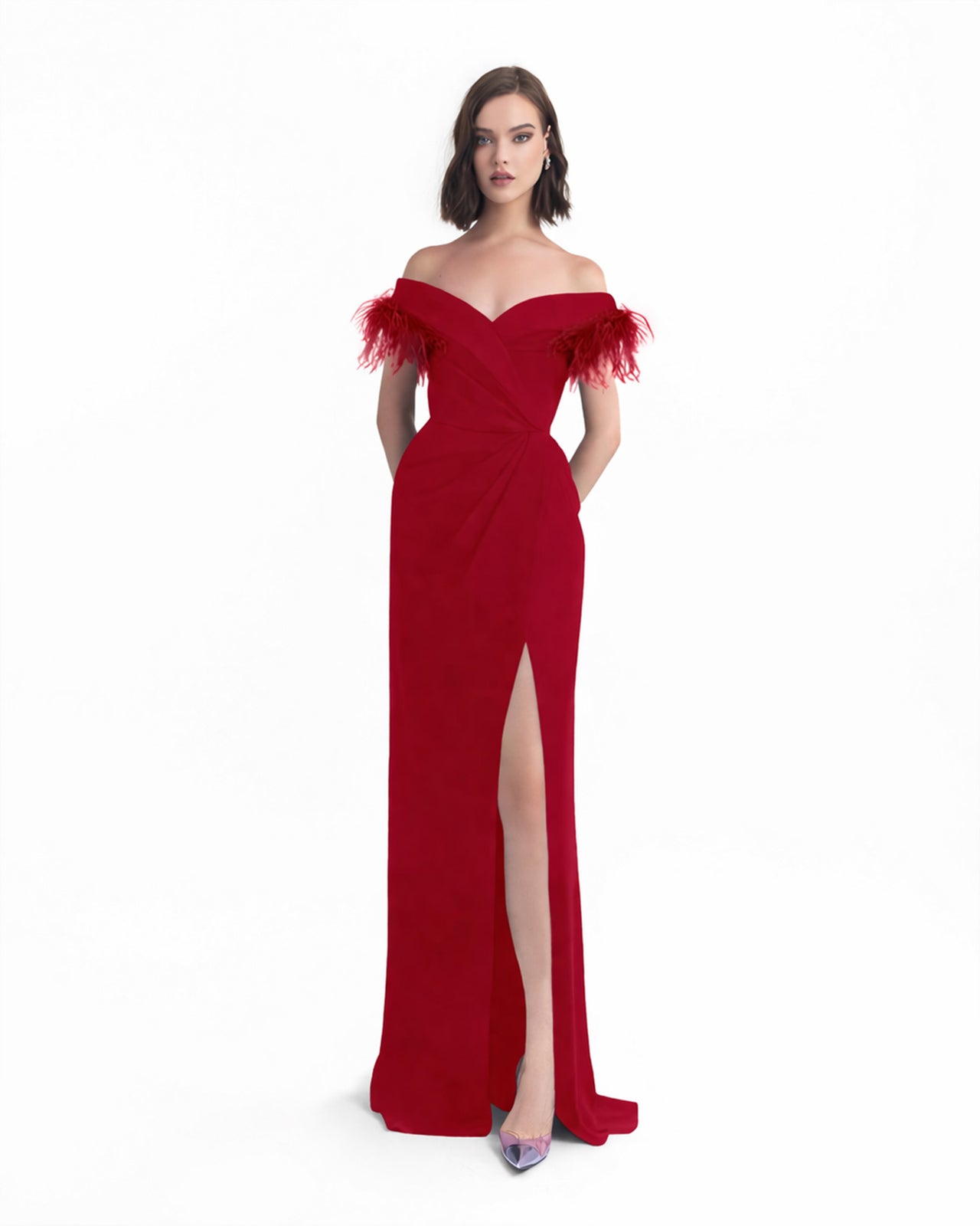 Slim Cut Red Dress With Feathers Slim Cut Red Dress With Feathers