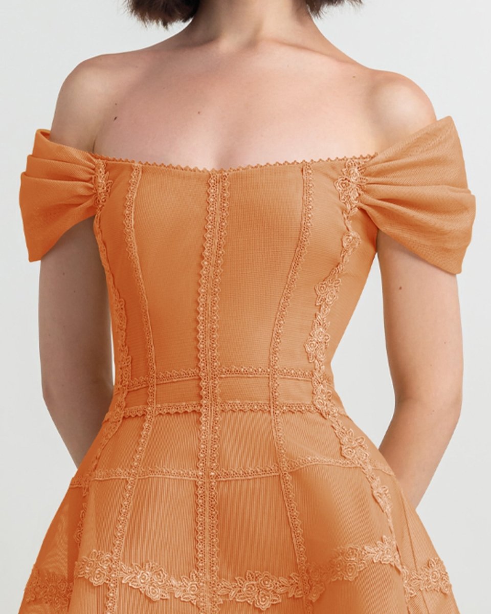 Orange Mesh Long Dress - Gemy Maalouf