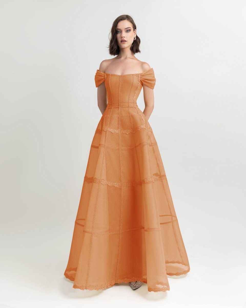 Orange Mesh Long Dress - Gemy Maalouf