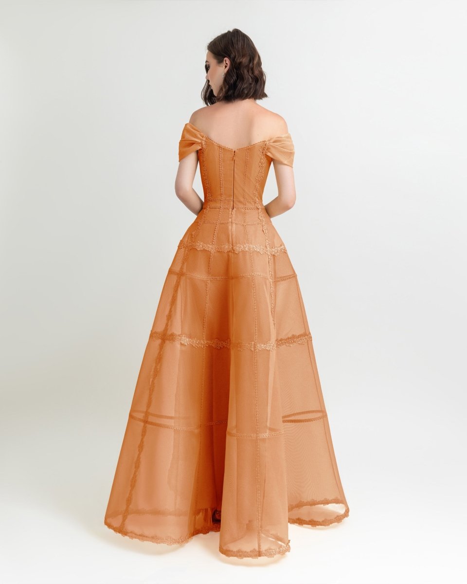 Orange Mesh Long Dress - Gemy Maalouf