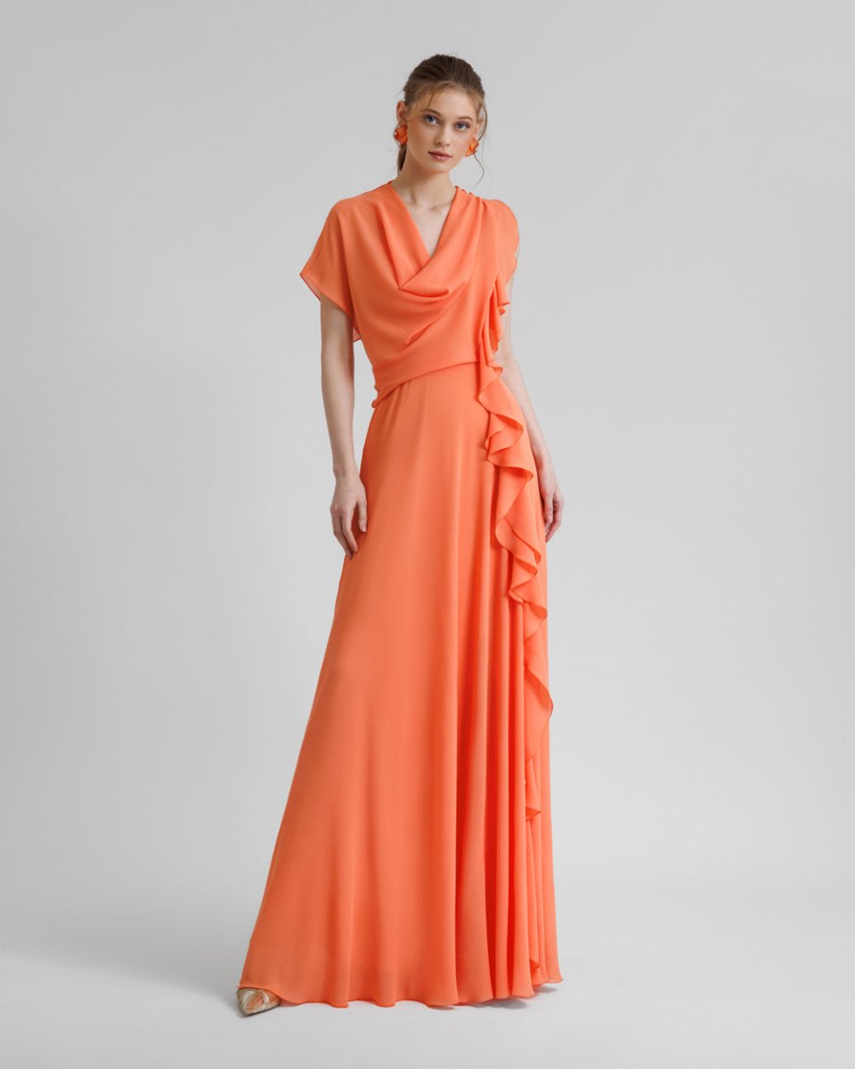 Draped Orange Chiffon Dress - Gemy Maalouf