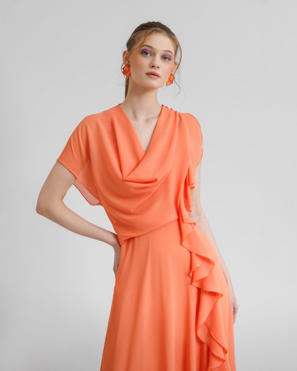 Draped Orange Chiffon Dress - Gemy Maalouf