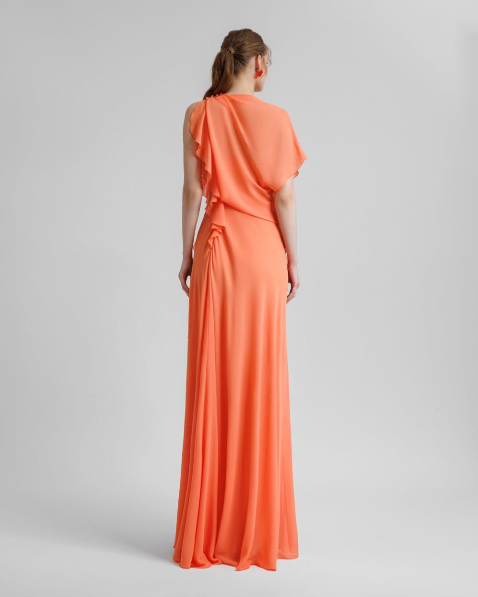 Draped Orange Chiffon Dress - Gemy Maalouf