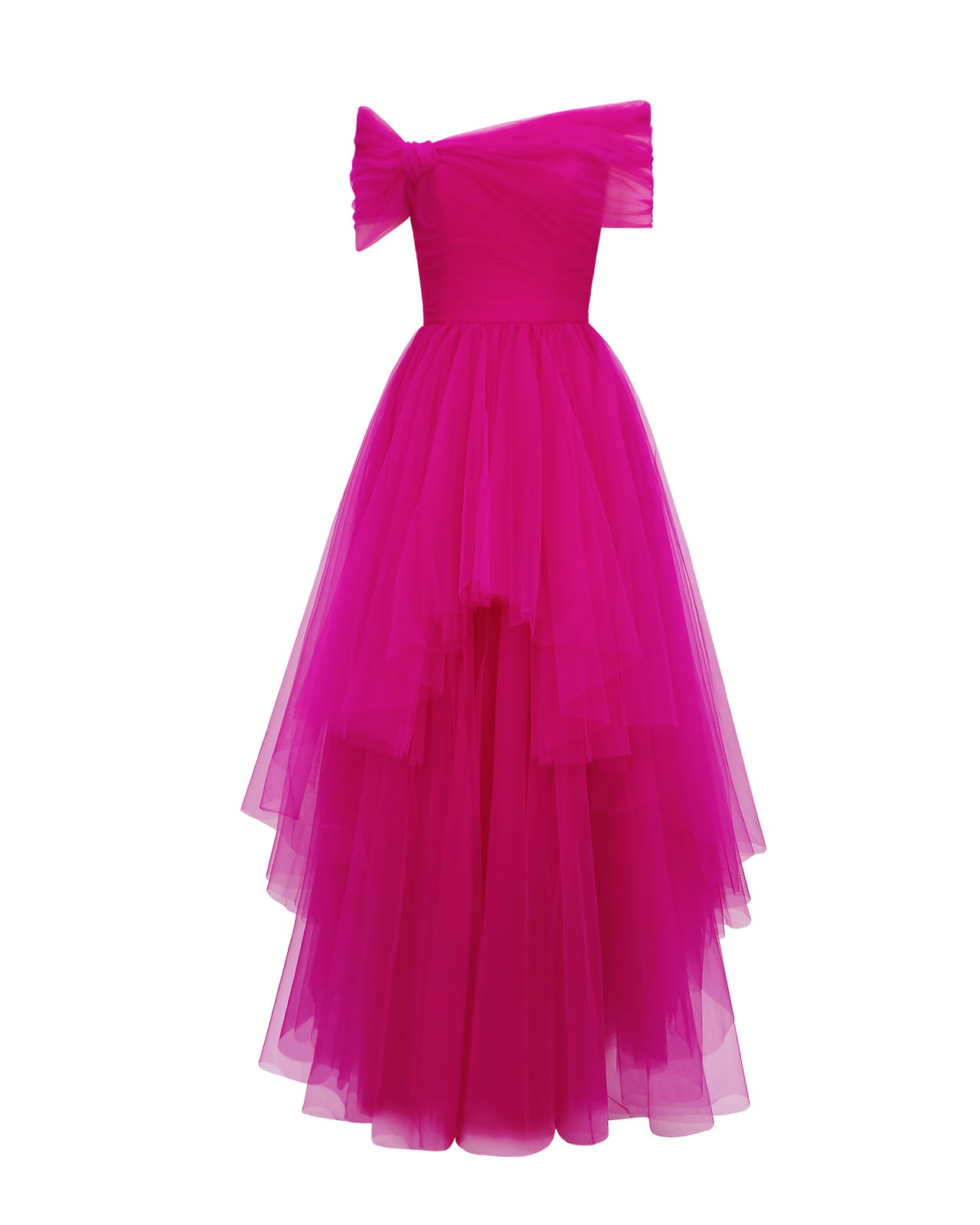 An off-shoulder bow-cut design tulle evening dress in fuchsia color, with an asymmetrical lower part. 