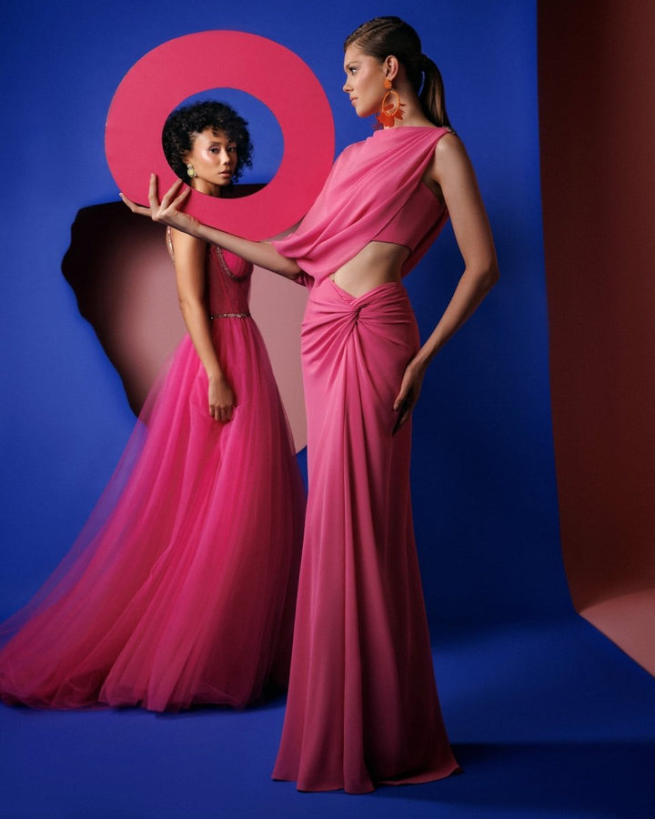 One Sleeve Candy Pink Long Dress - Gemy Maalouf