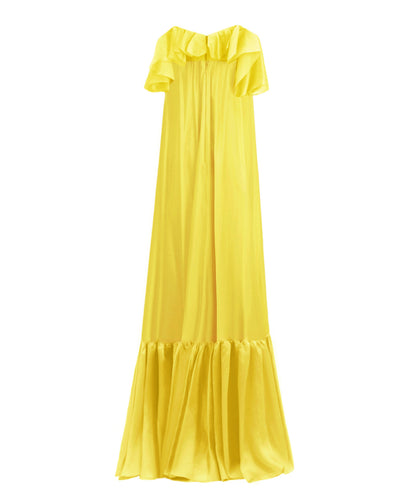 فستان أصفر منسدل على الكتفين