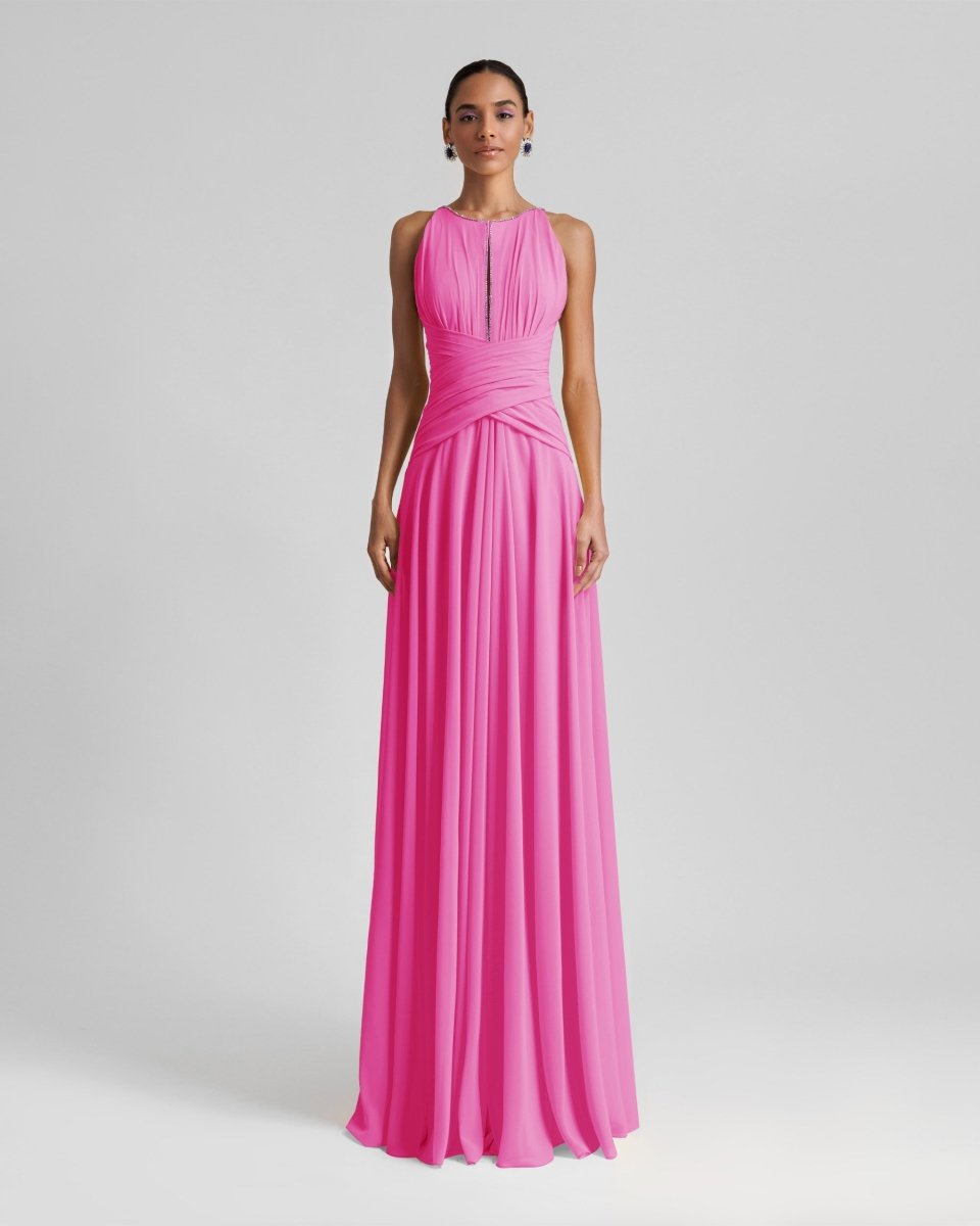 Long Candy Pink Dress With Drapings On The Waist - Gemy Maalouf