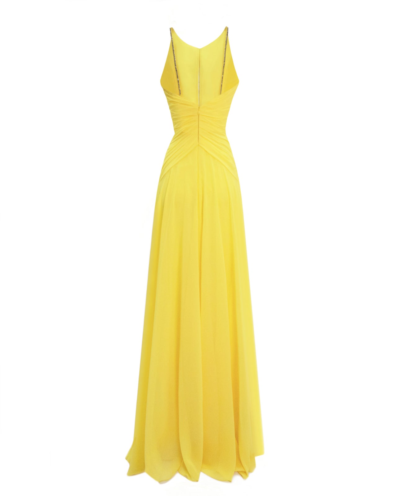 The back of a long yellow evening dress featuring draping on the waist, beaded straps and an open back.