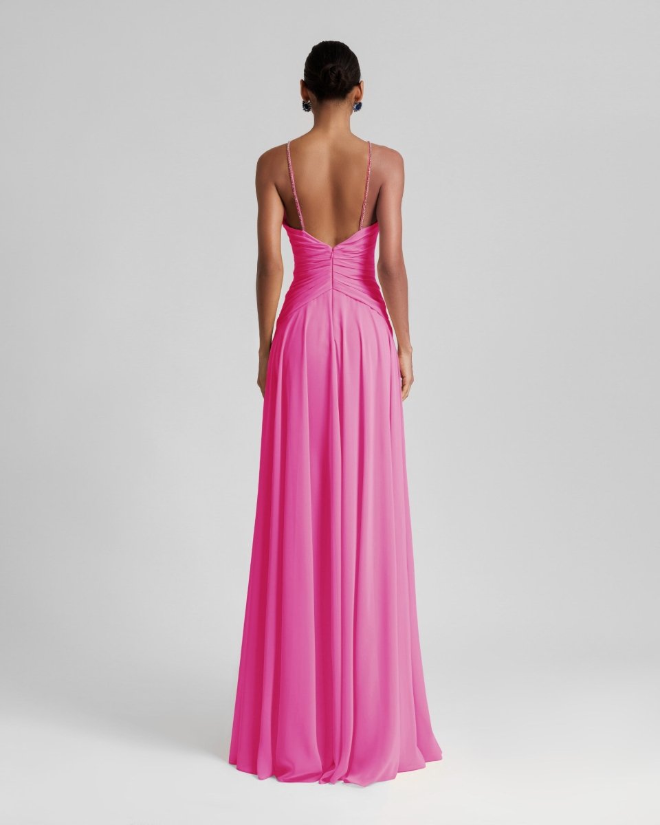 Long Candy Pink Dress With Drapings On The Waist - Gemy Maalouf