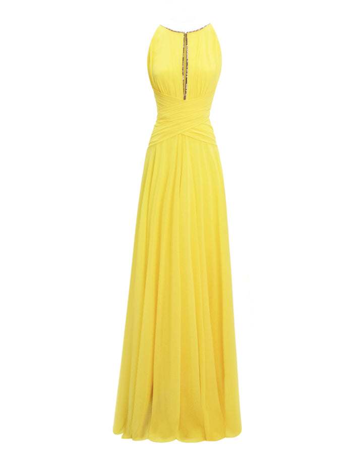 A long yellow dress featuring draping on the waist, beaded neckline and an open back.