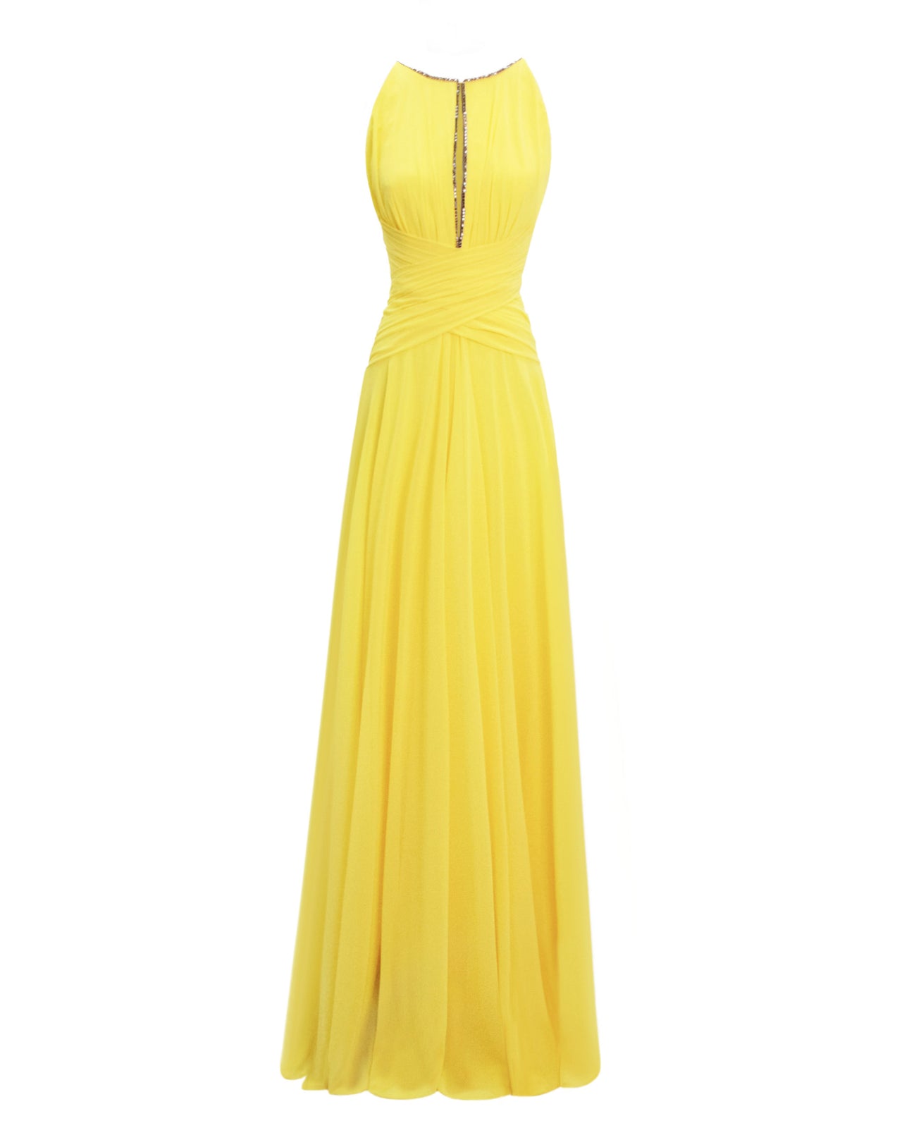 A long yellow dress featuring draping on the waist, beaded neckline and an open back.