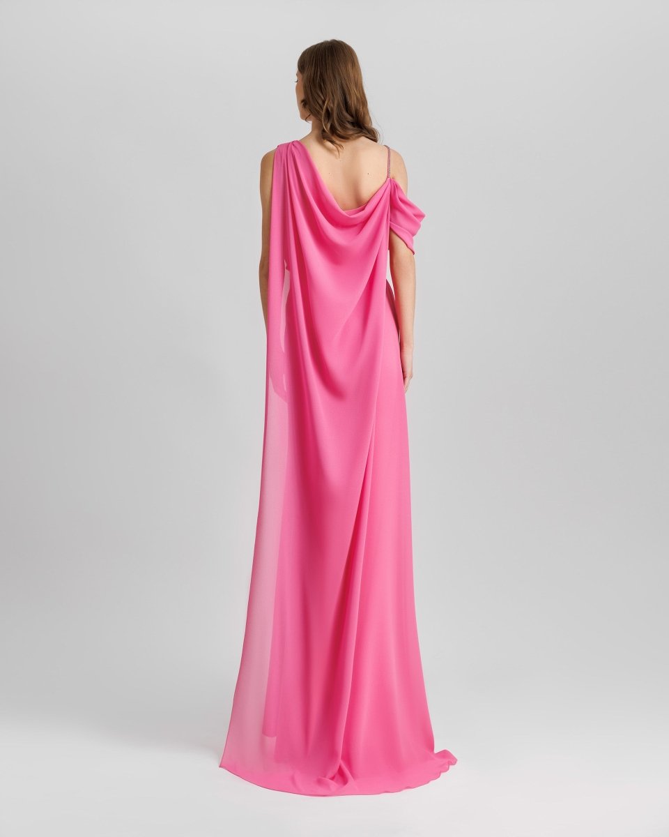 Asymmetrical Neckline Candy Pink Dress - Gemy Maalouf