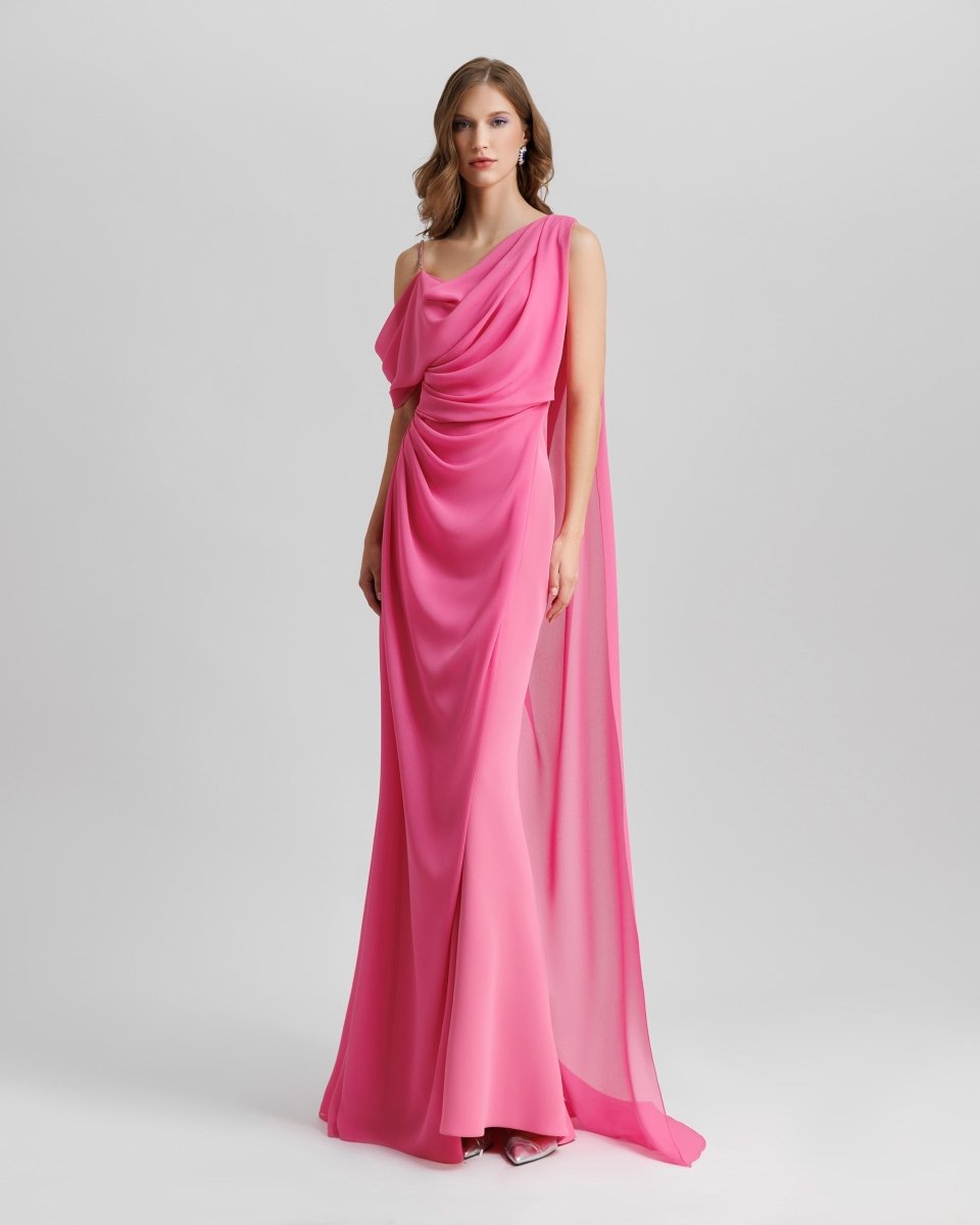 Asymmetrical Neckline Candy Pink Dress - Gemy Maalouf