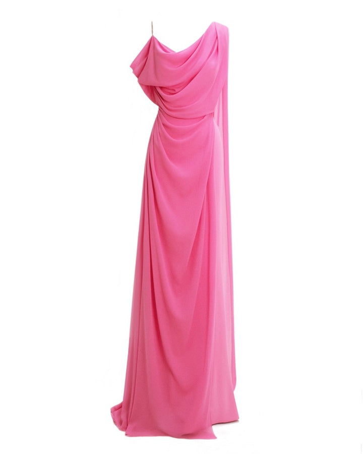 Asymmetrical Neckline Candy Pink Dress - Gemy Maalouf