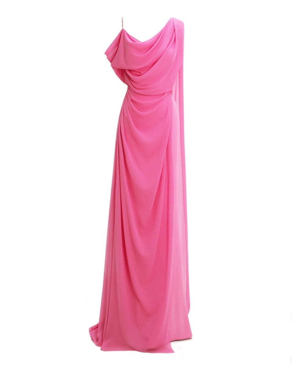 Asymmetrical Neckline Candy Pink Dress - Gemy Maalouf