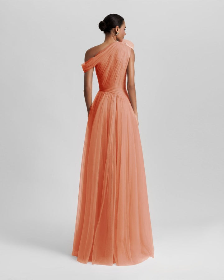 Peach Long Dress With Flower Design - Gemy Maalouf