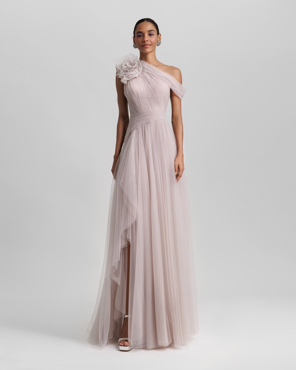 Light Lilac Long Dress With Flower Design - Gemy Maalouf