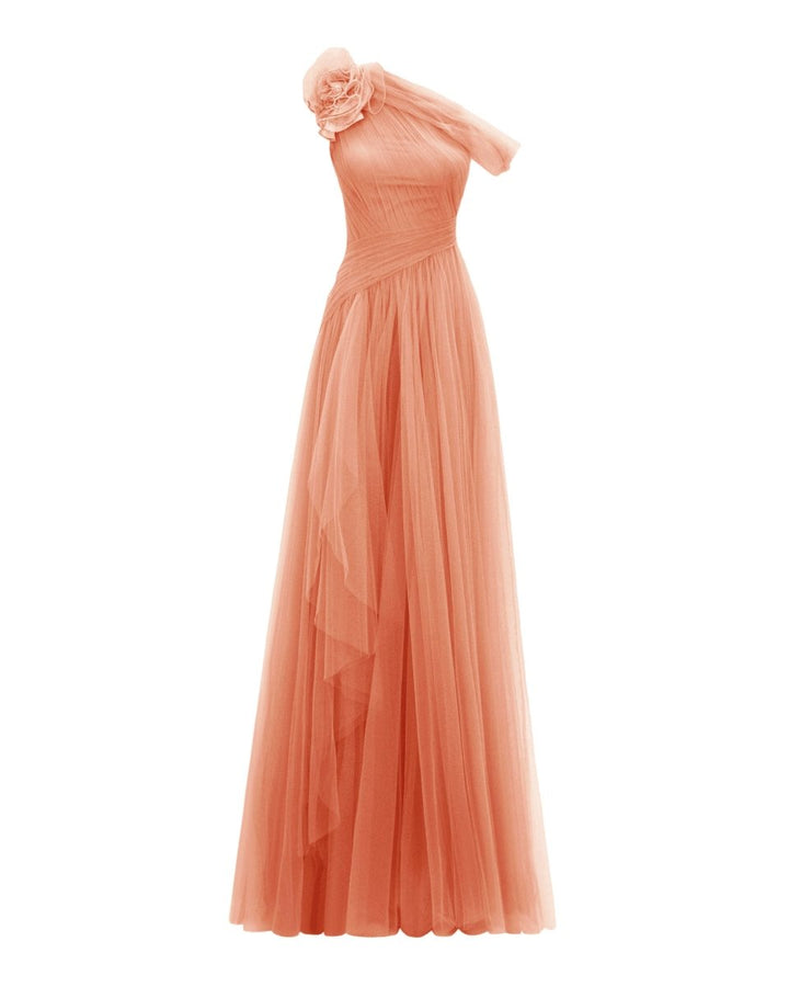 Peach Long Dress With Flower Design - Gemy Maalouf