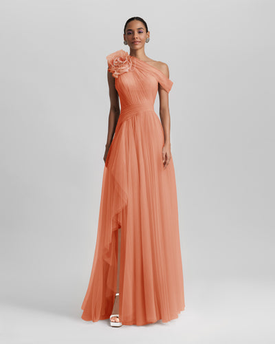 Peach Long Dress With Flower Design