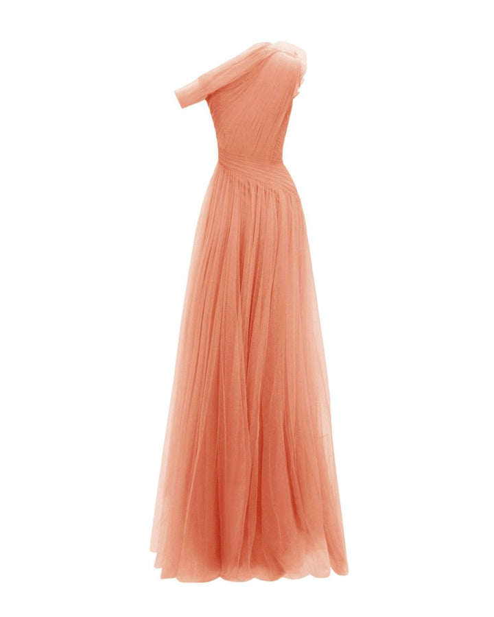 Peach Long Dress With Flower Design - Gemy Maalouf