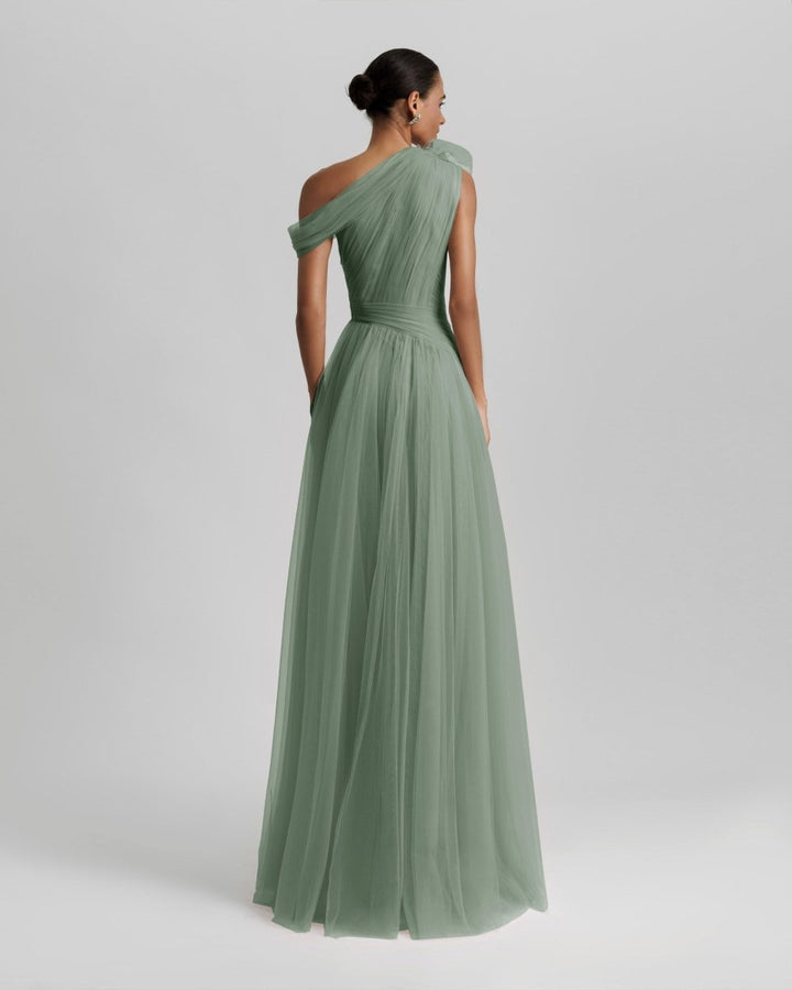 Mint Long Dress With Flower Design - Gemy Maalouf