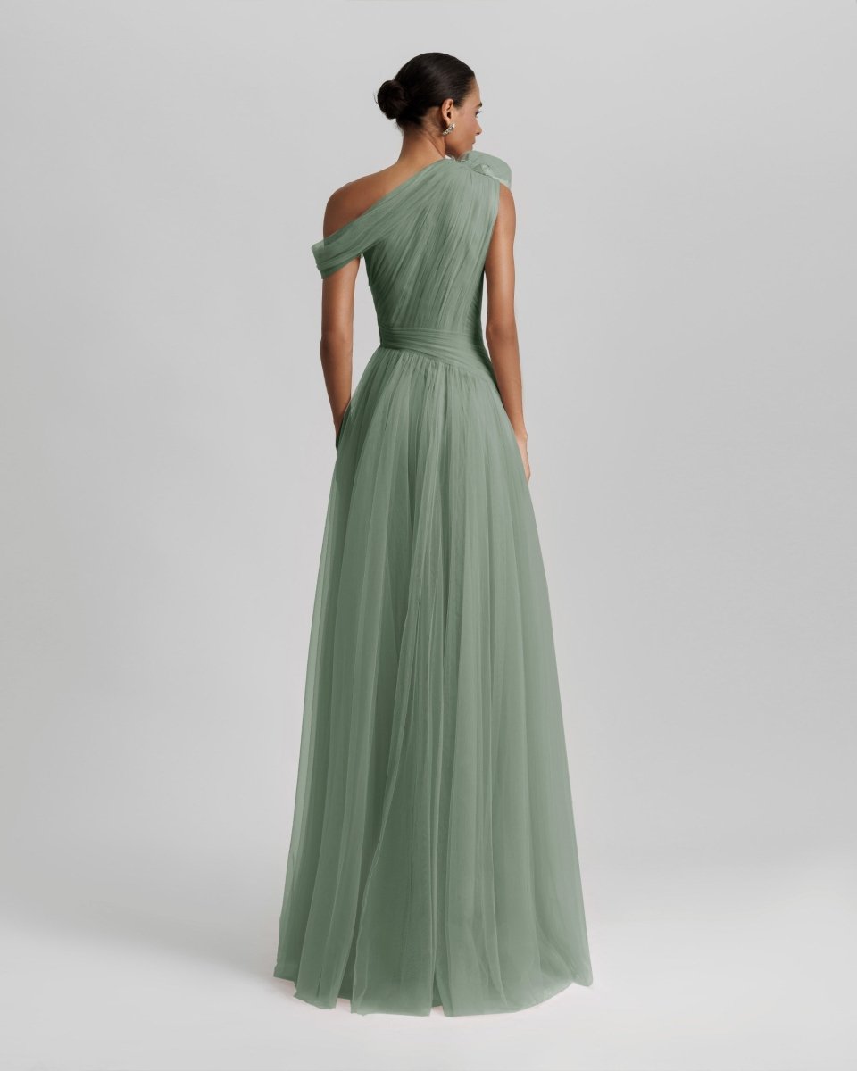 Mint Long Dress With Flower Design - Gemy Maalouf