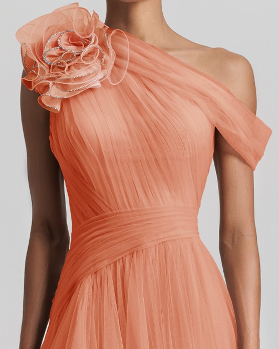 Peach Long Dress With Flower Design - Gemy Maalouf